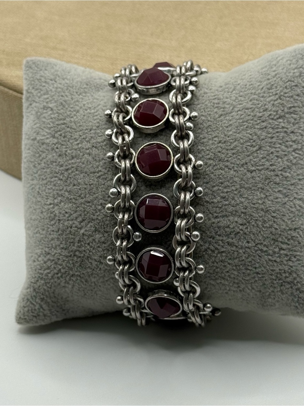 Lucky brand Silver Chain Bracelet with Deep Garnet Red Stones